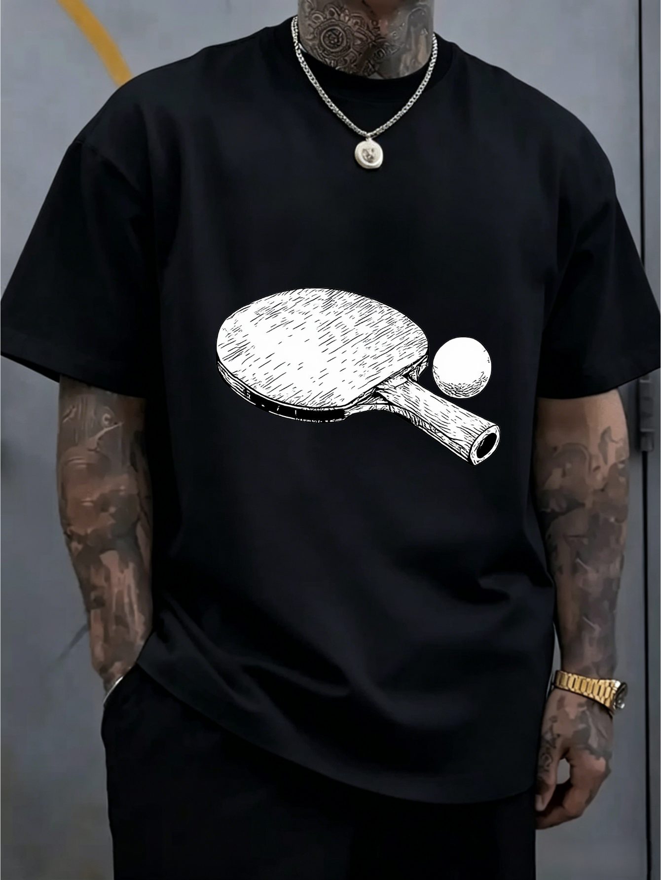 Table Tennis Outfit Male - 男性スケッチ卓球ラケットプリント Tシャツ綿ルーズ半袖スポーツカジュアルトップ男性トレーニング夏日常ストリート衣装